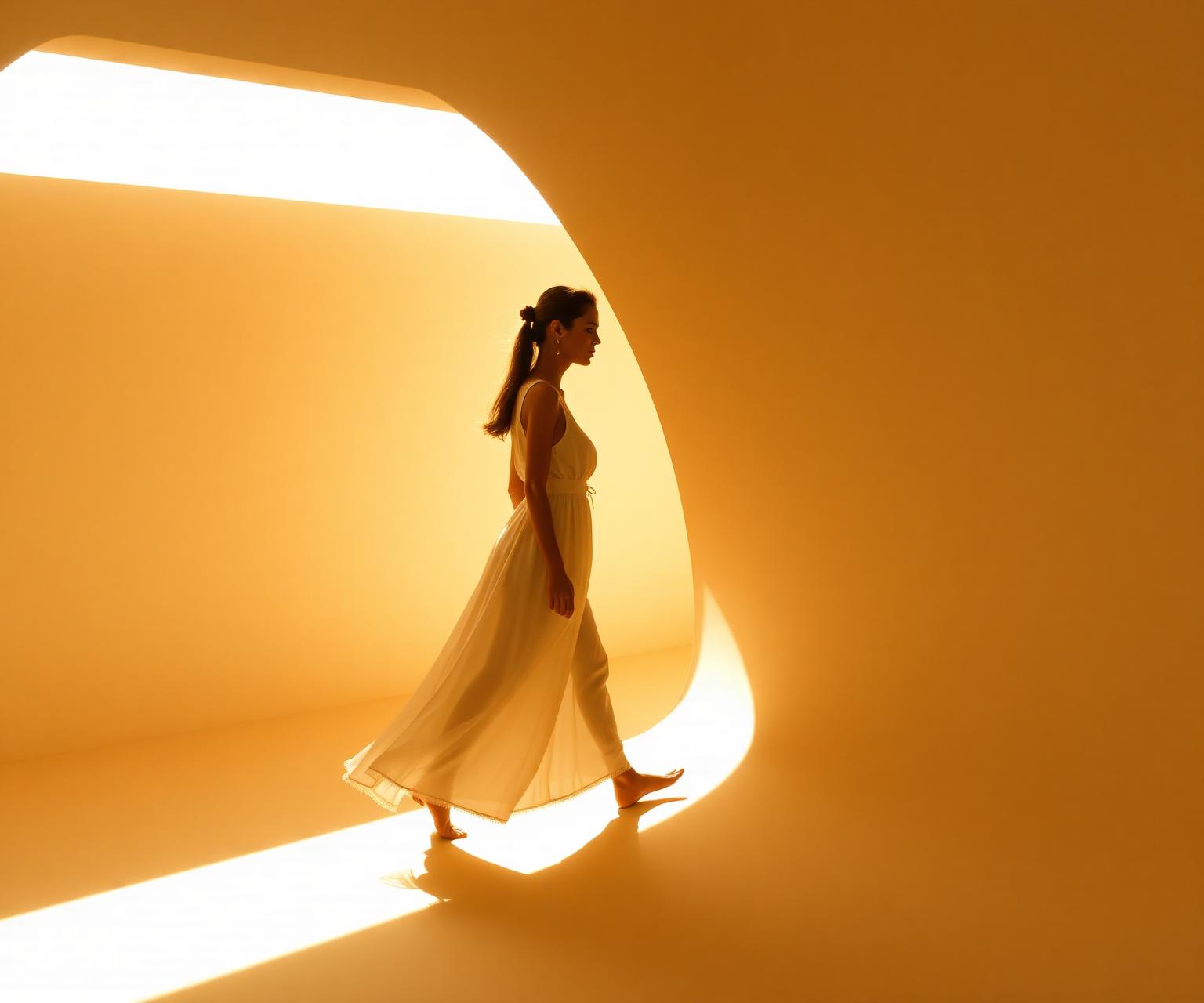 Femme marchant vers la lumière dorée — symbole d'évolution